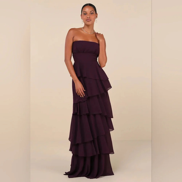 Lulus Gorgeous Essence Dark Purple Strapless Tiered Maxi Dress Wedding Party - Picture 2 of 8